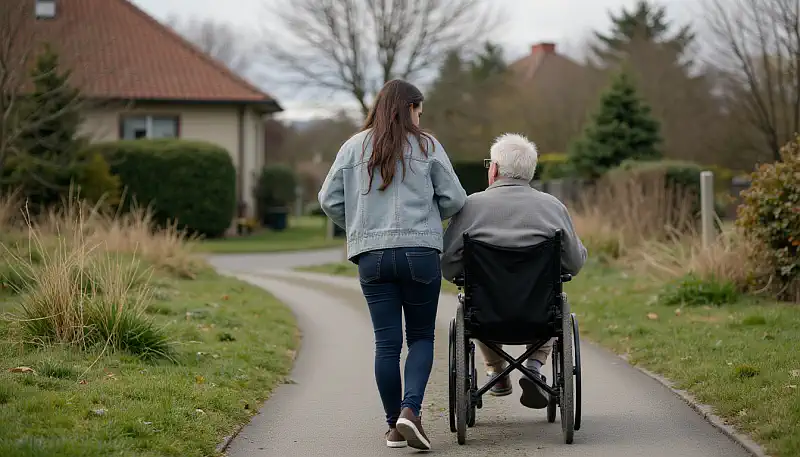 Woman helping an old man with his wheel chair