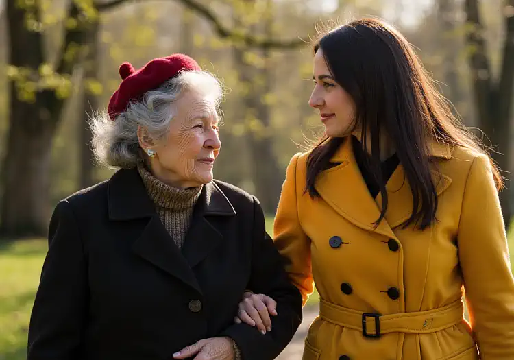 Young and old woman walking