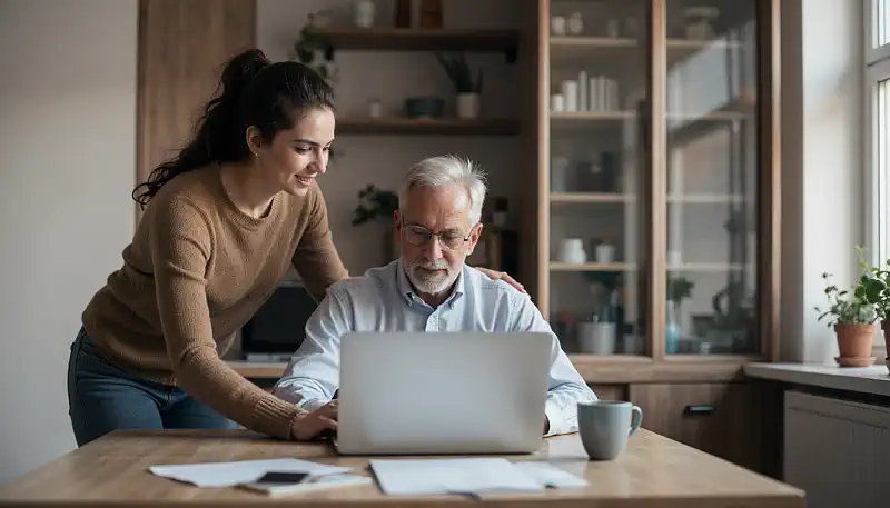 woman helping an older man with laptop